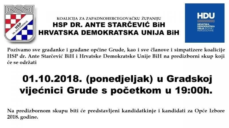 Ilustracija članka: Najava: Predizborni skup koalicije HSP dr. Ante Starčević BiH i HDU BiH večeras u Grudama