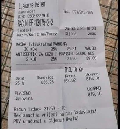 Ilustracija članka: Račun iz Imotskog preplavio mreže: Maska u vrijeme krize 25 kuna