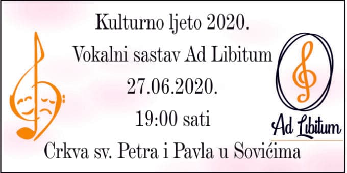 Ilustracija članka: Koncertom Vokalnog sastava Ad Libitum započinje Kulturno ljeto 2020. u župi Gorica-Sovići