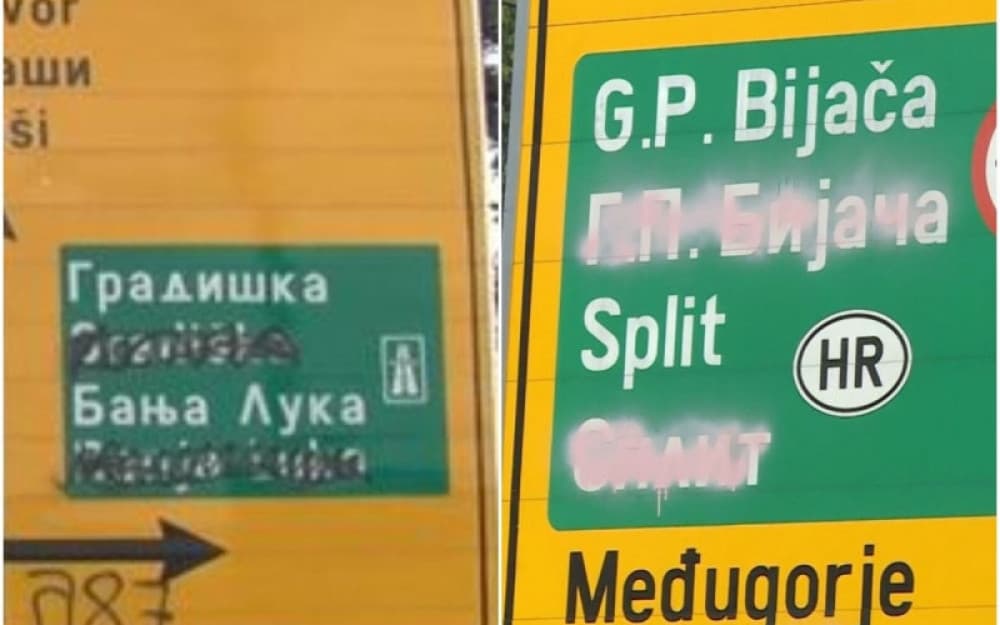 Ilustracija članka: Arnaut traži da se precrtavanje latinice ili ćirilice na prometnim znakovima kazni sa 1000 KM