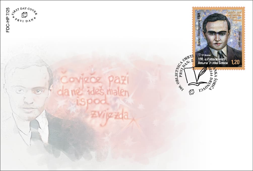 Ilustracija članka: A. B. Šimić na prigodnoj marki HP Mostar