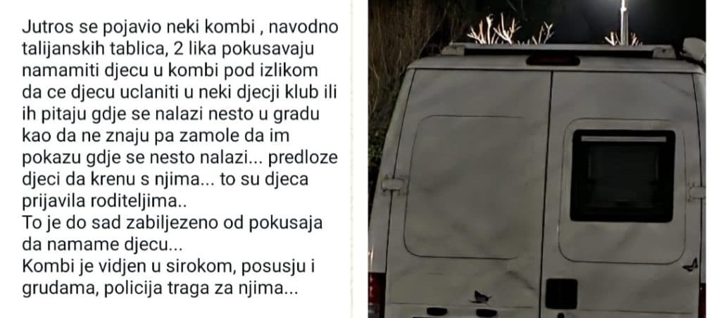 Ilustracija članka: Lažna uzbuna širi se društvenim mrežama: Policija demantira priču o kombiju koji navodno mami djecu u Hercegovini