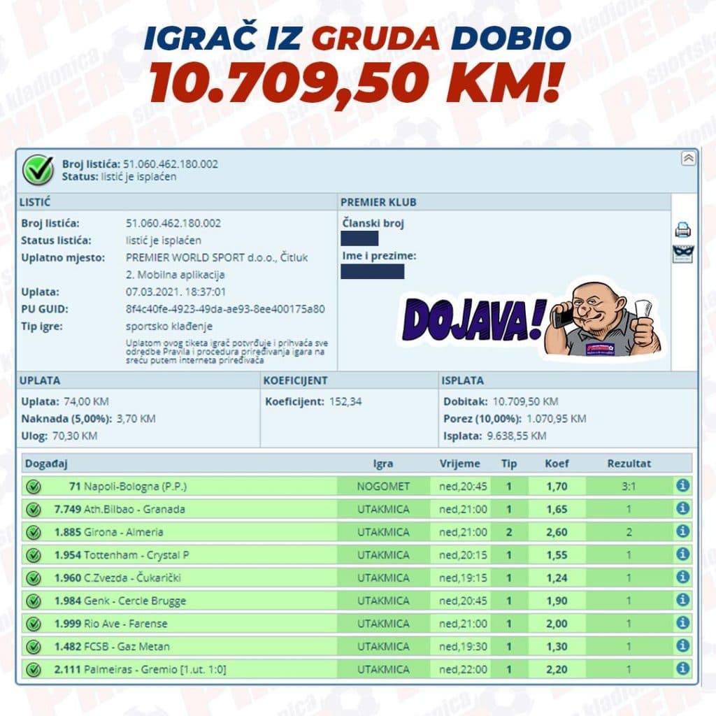 Ilustracija članka: Gruđanin na kladionici pogodio 9 parova za 10.709 KM